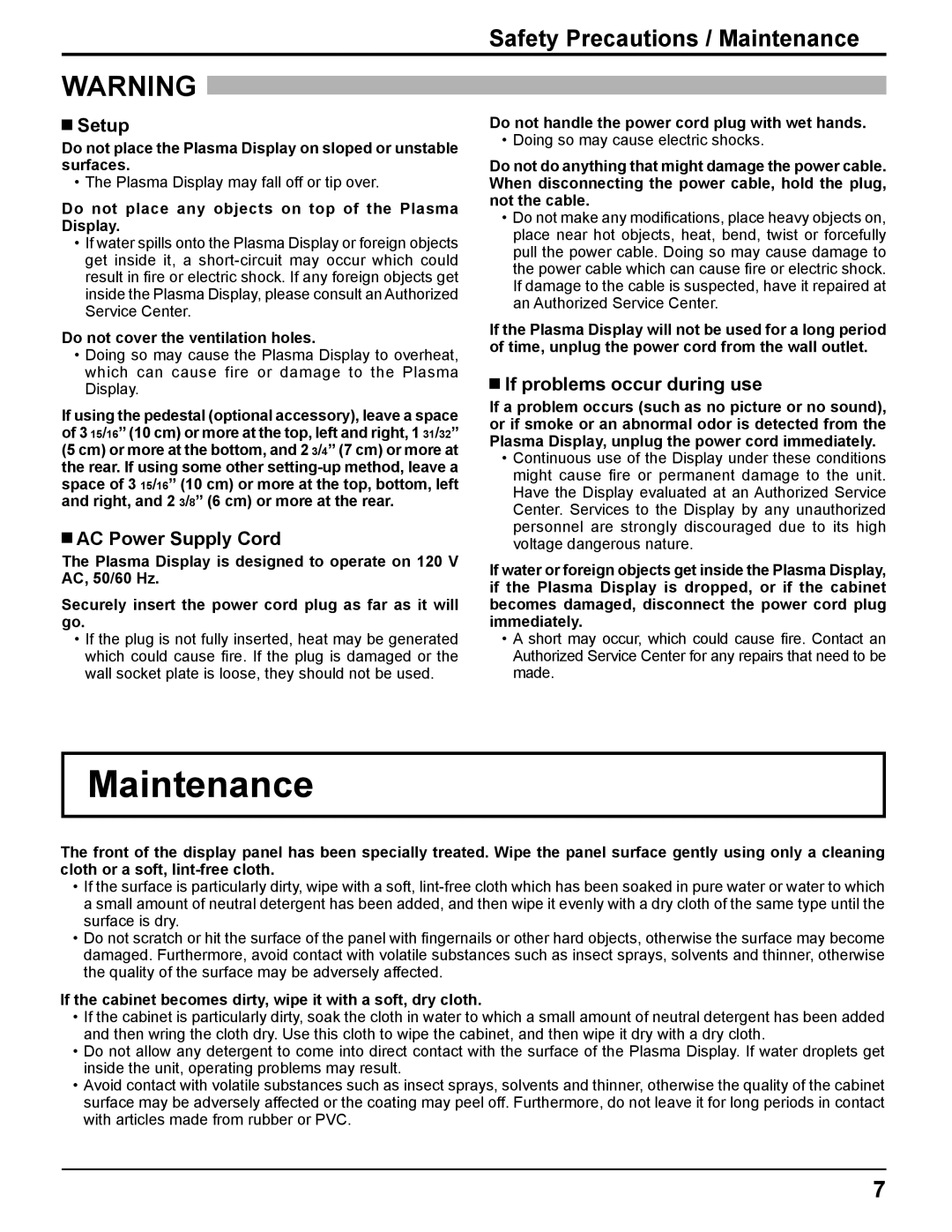 Panasonic TH-37PHD8UK Safety Precautions / Maintenance, Setup, AC Power Supply Cord, If problems occur during use 