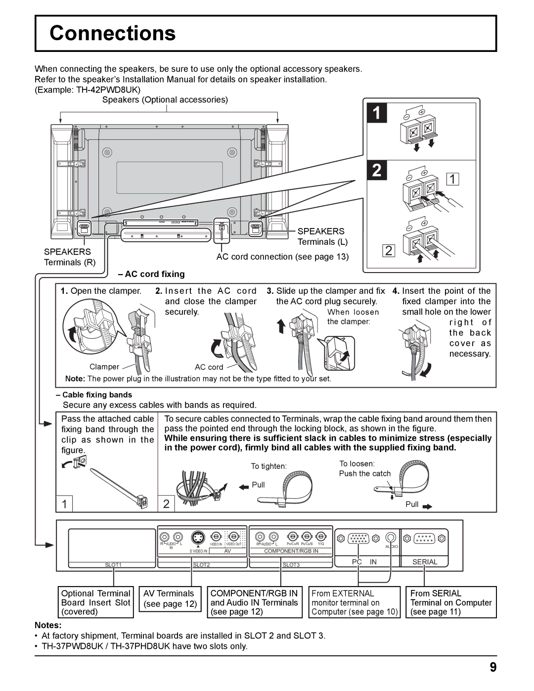 Panasonic TH-42PHD8UK, TH-37PWD8UK, TH-50PHD8UK, TH-37PHD8UK, TH-42PWD8UK Connections, Speakers, AC cord ﬁxing, Component/Rgb 