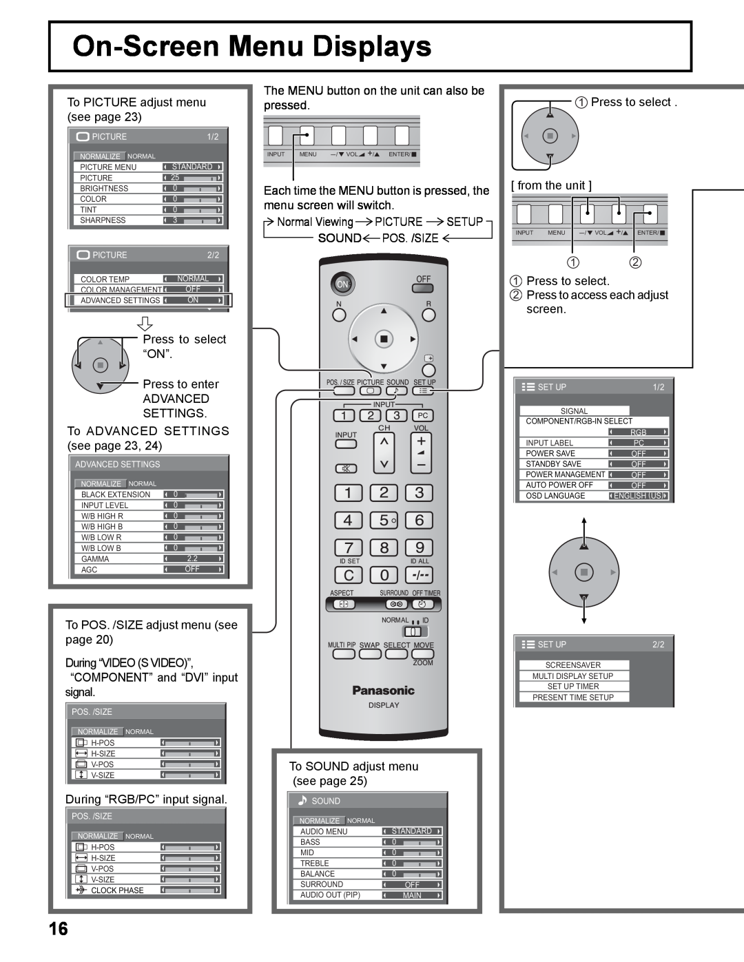 Panasonic TH-50PHD8UK, TH-37PWD8UK, TH-37PHD8UK, TH-42PWD8UK, TH-42PHD8UK manual On-Screen Menu Displays 