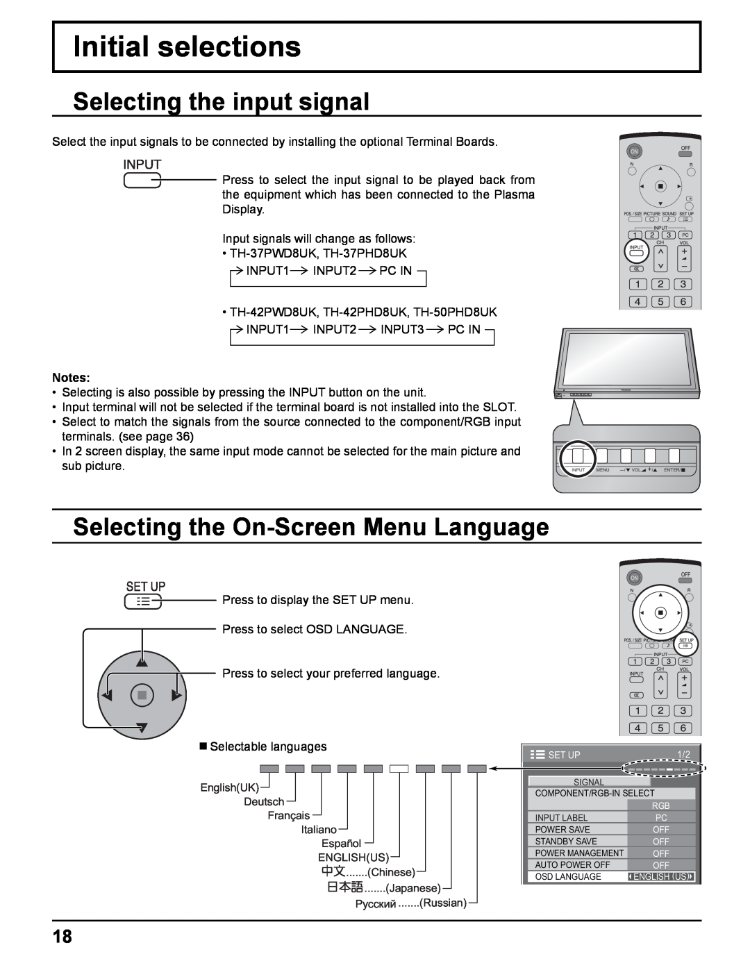 Panasonic TH-42PWD8UK Initial selections, Selecting the input signal, Selecting the On-Screen Menu Language, sub picture 