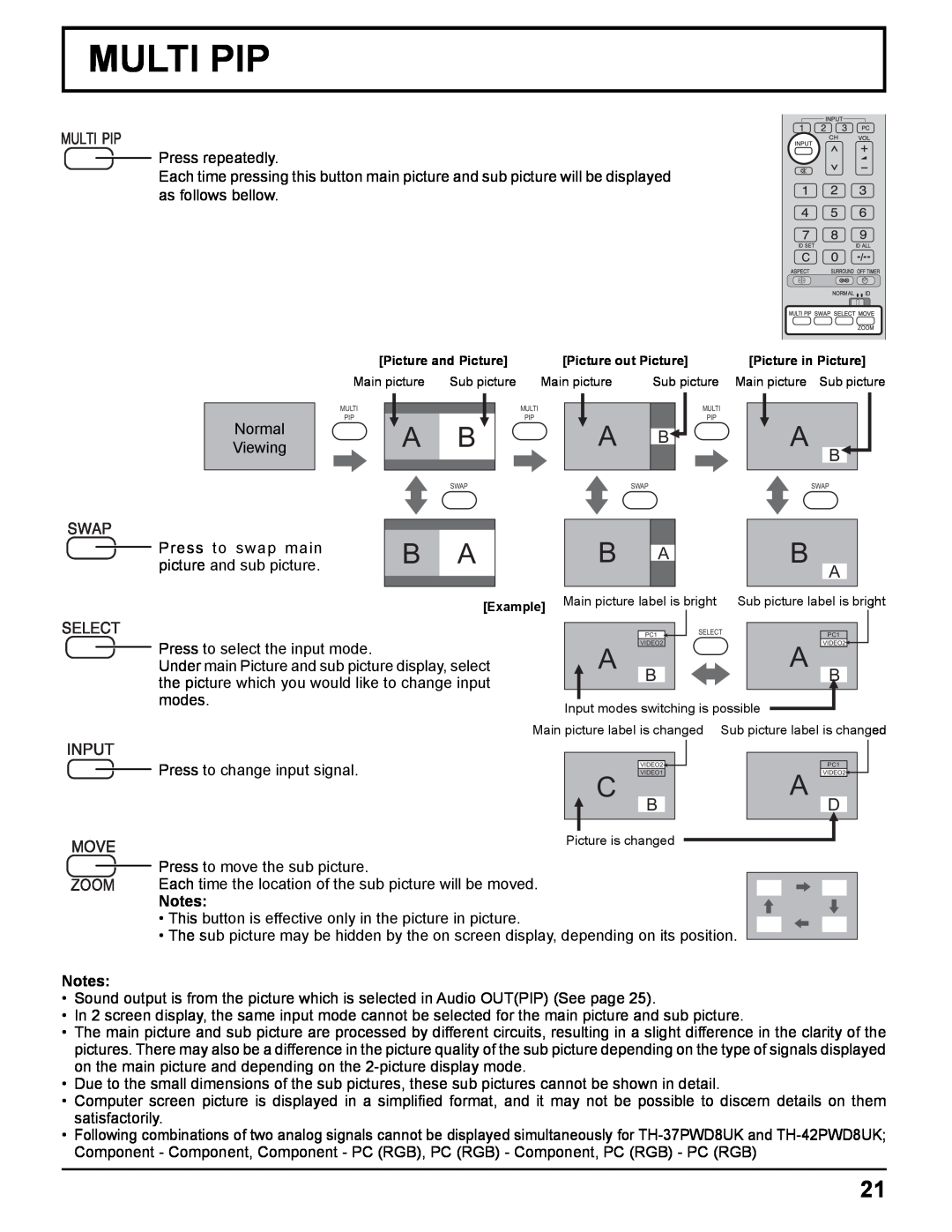Panasonic TH-50PHD8UK, TH-37PWD8UK, TH-37PHD8UK, TH-42PWD8UK, TH-42PHD8UK manual Multi Pip, Press to change input signal 
