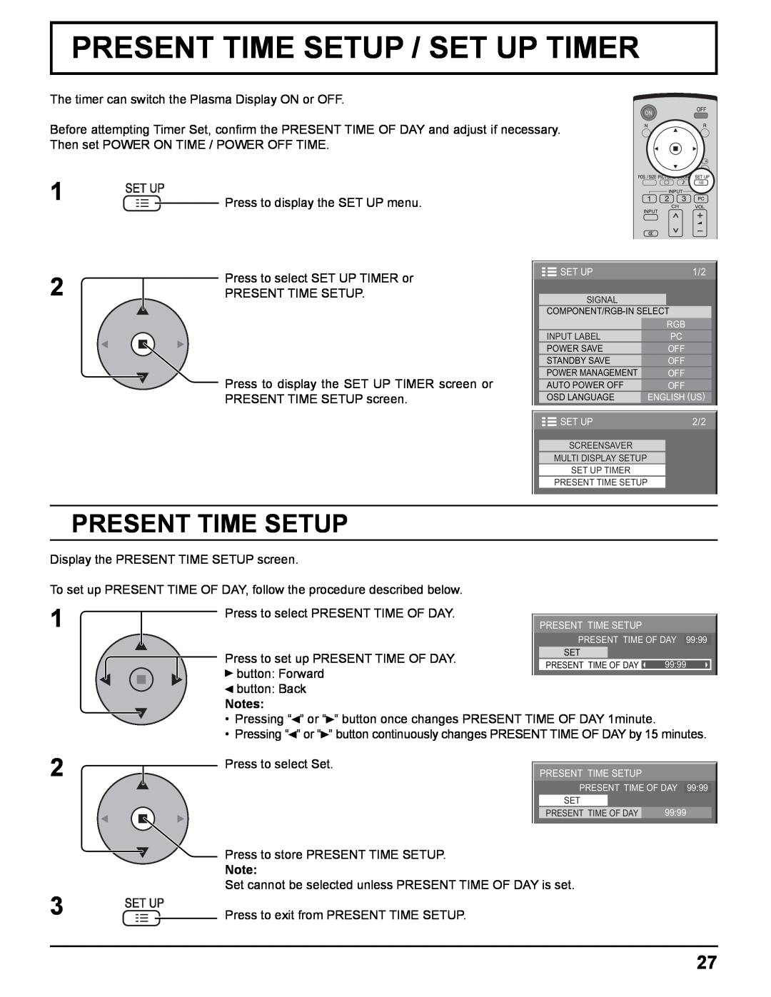 Panasonic TH-37PHD8UK, TH-37PWD8UK, TH-50PHD8UK, TH-42PWD8UK, TH-42PHD8UK manual Present Time Setup / Set Up Timer 