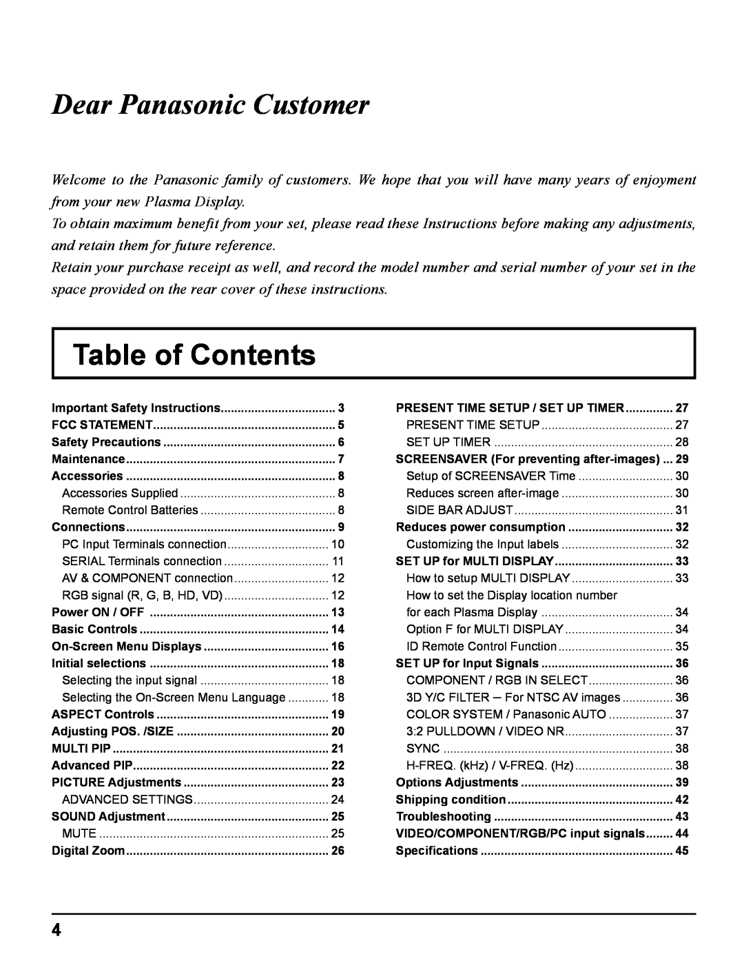 Panasonic TH-42PHD8UK, TH-37PWD8UK, TH-50PHD8UK, TH-37PHD8UK, TH-42PWD8UK manual Table of Contents, Dear Panasonic Customer 