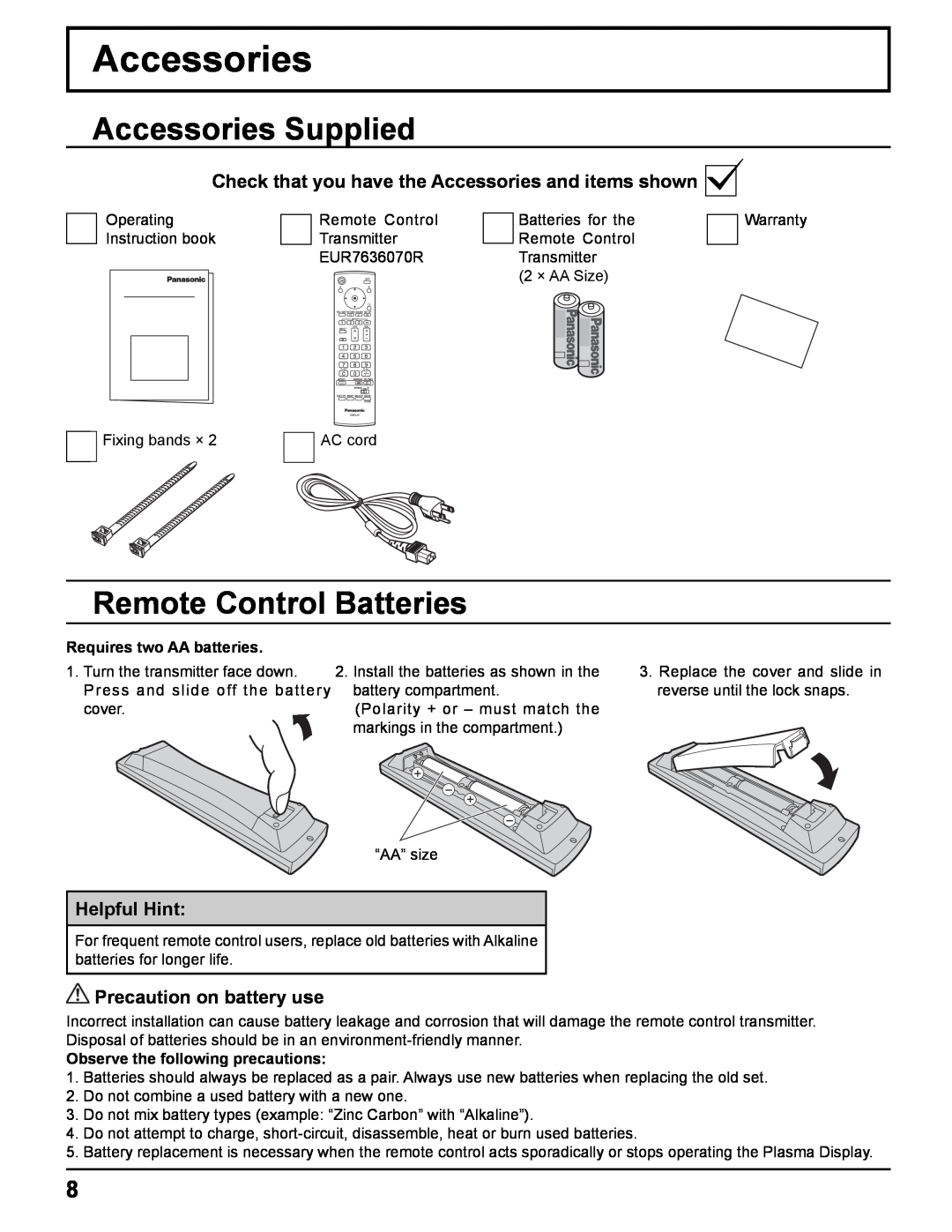 Panasonic TH-42PWD8UK manual Accessories Supplied, Remote Control Batteries, Helpful Hint, Precaution on battery use 