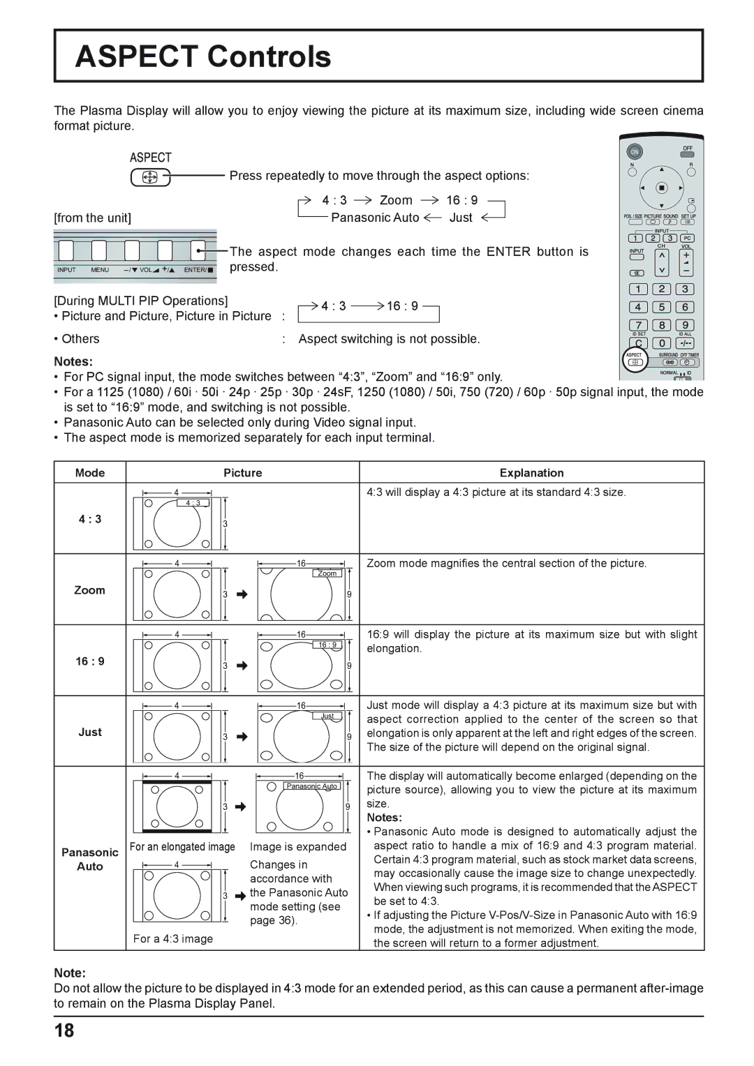 Panasonic TH-50PHD8WS, TH-37PWD8WK, TH-37PWD8WS, TH-50PHD8WK, TH-42PWD8WK Aspect Controls, Mode Picture Explanation 