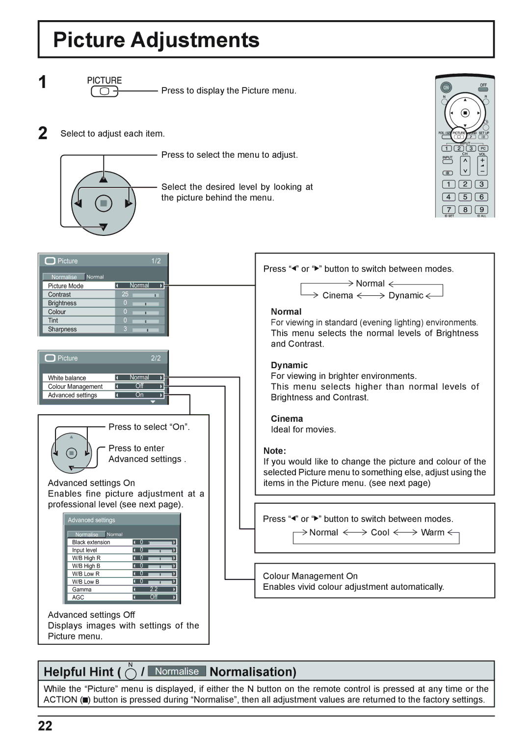 Panasonic TH-42PHD8WK, TH-37PWD8WK, TH-37PWD8WS, TH-50PHD8WS, TH-50PHD8WK Picture Adjustments, Normal, Dynamic, Cinema 