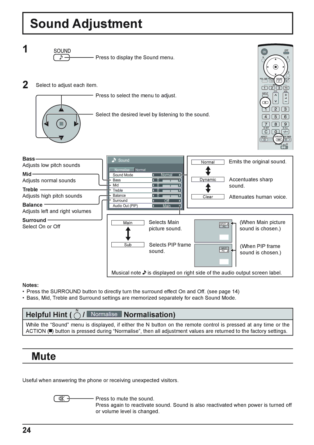 Panasonic TH-37PWD8WK, TH-37PWD8WS, TH-50PHD8WS, TH-50PHD8WK, TH-42PWD8WK, TH-42PWD8WS, TH-42PHD8WK Sound Adjustment, Mute 