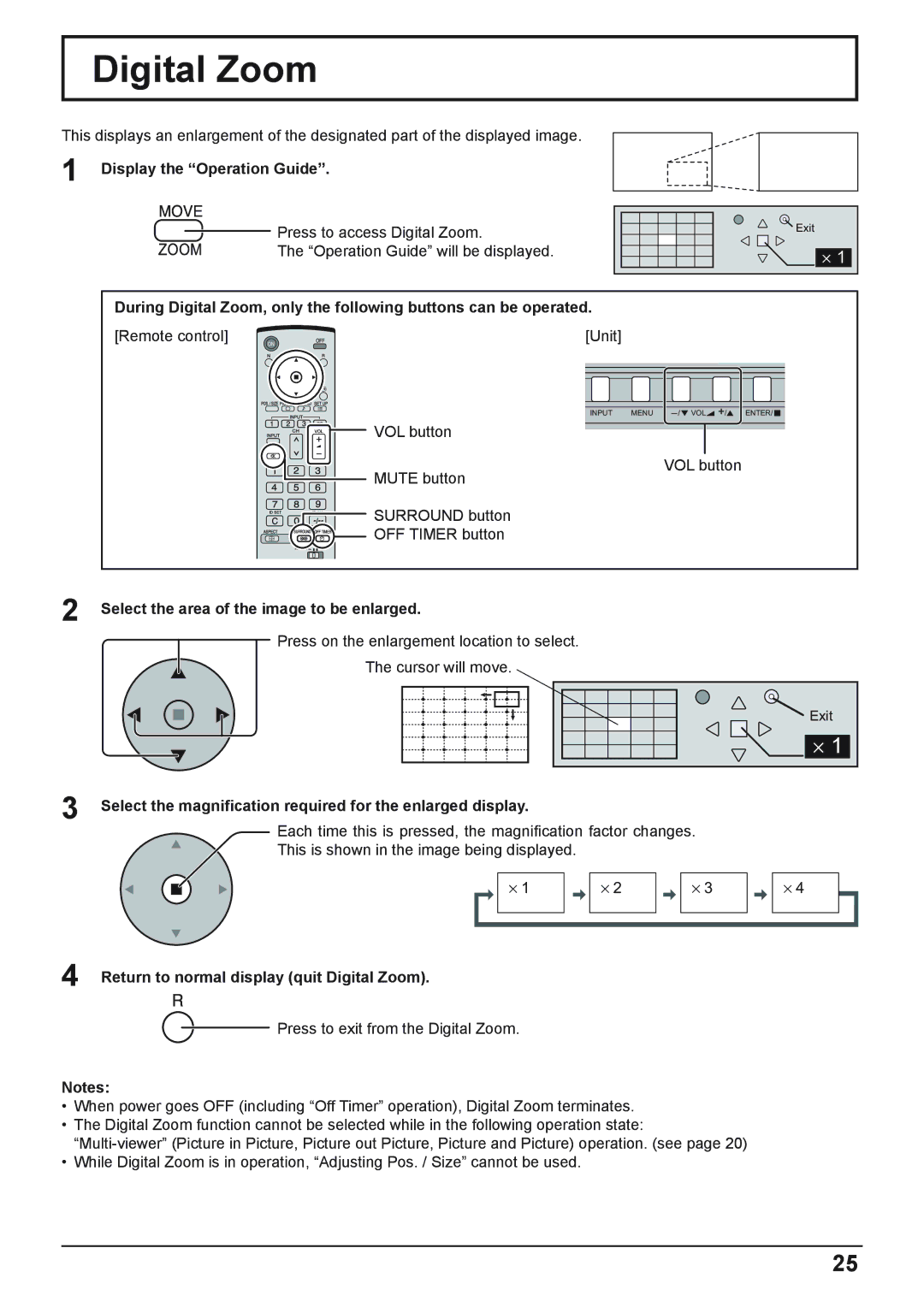 Panasonic TH-37PWD8WS, TH-37PWD8WK Digital Zoom, Display the Operation Guide, Select the area of the image to be enlarged 