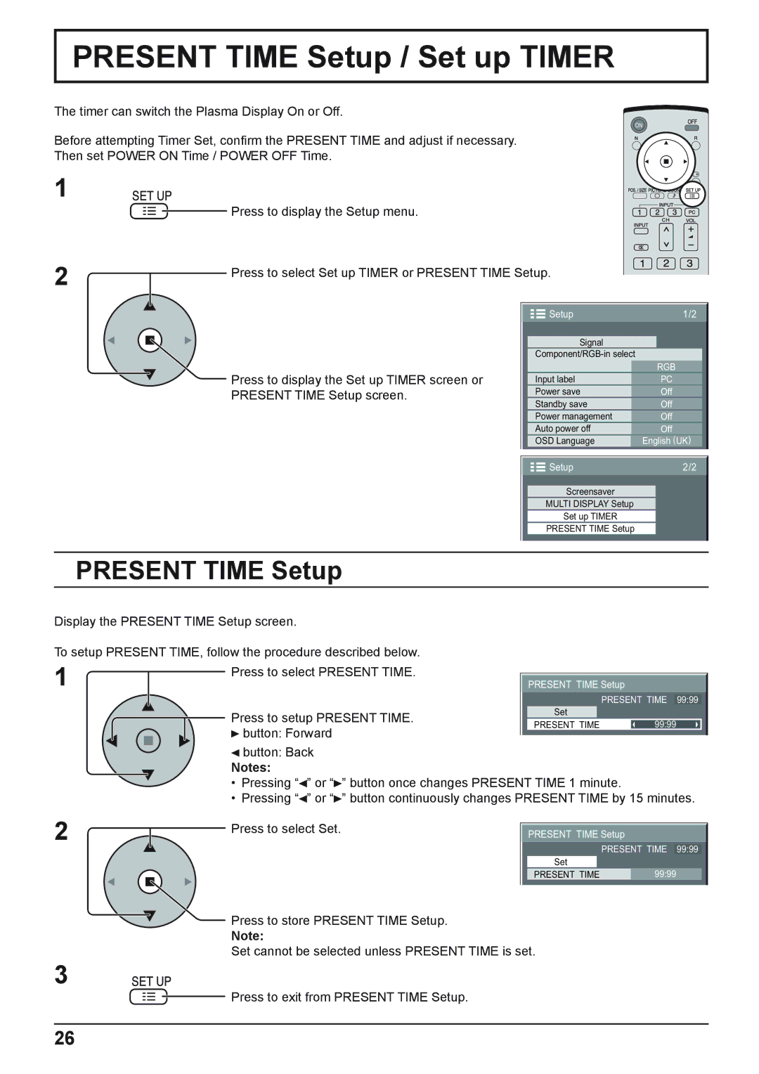 Panasonic TH-50PHD8WS, TH-37PWD8WK, TH-37PWD8WS, TH-50PHD8WK, TH-42PWD8WK, TH-42PWD8WS Present Time Setup / Set up Timer 