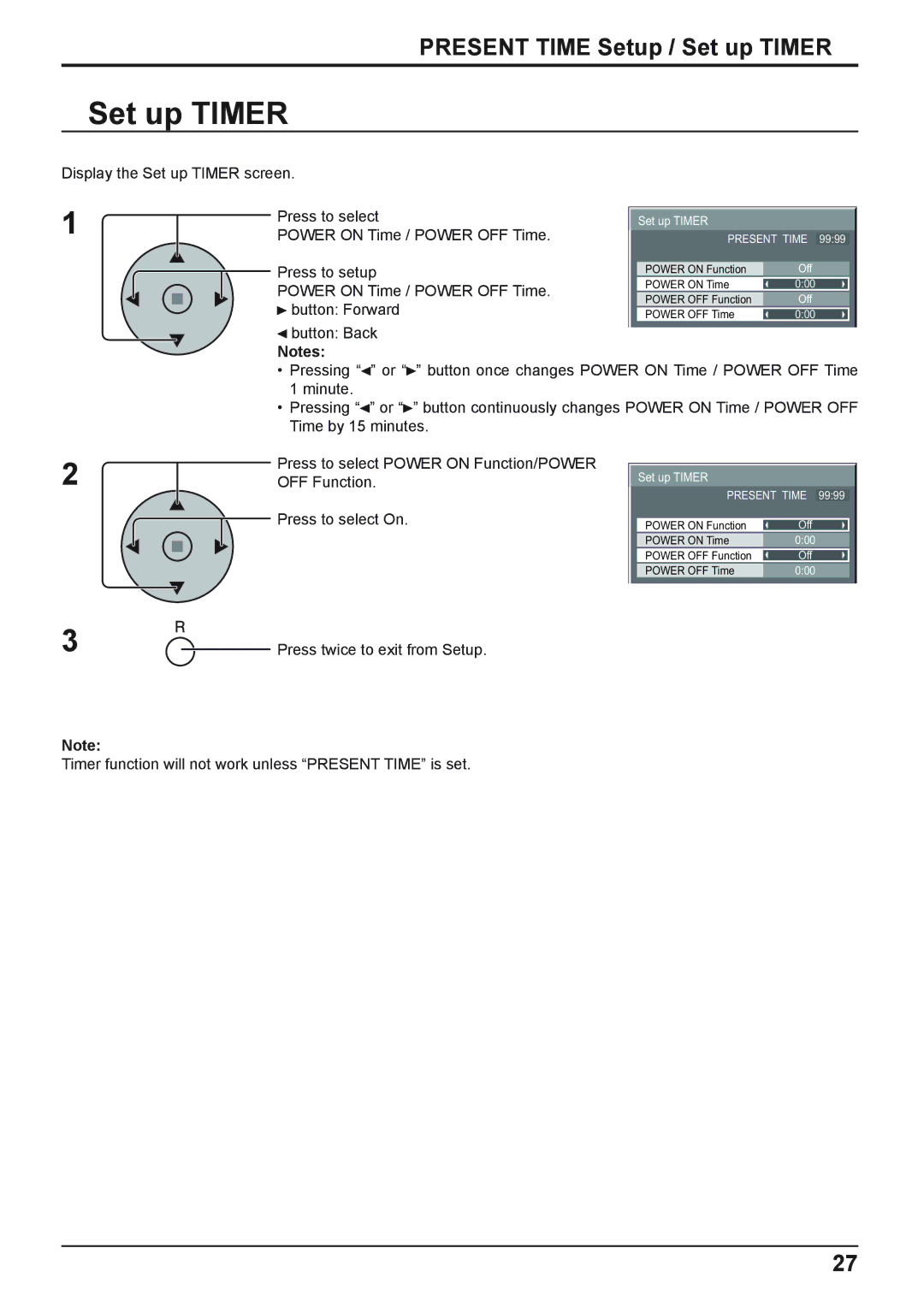 Panasonic TH-50PHD8WK, TH-37PWD8WK, TH-37PWD8WS, TH-50PHD8WS, TH-42PWD8WK, TH-42PWD8WS Present Time Setup / Set up Timer 