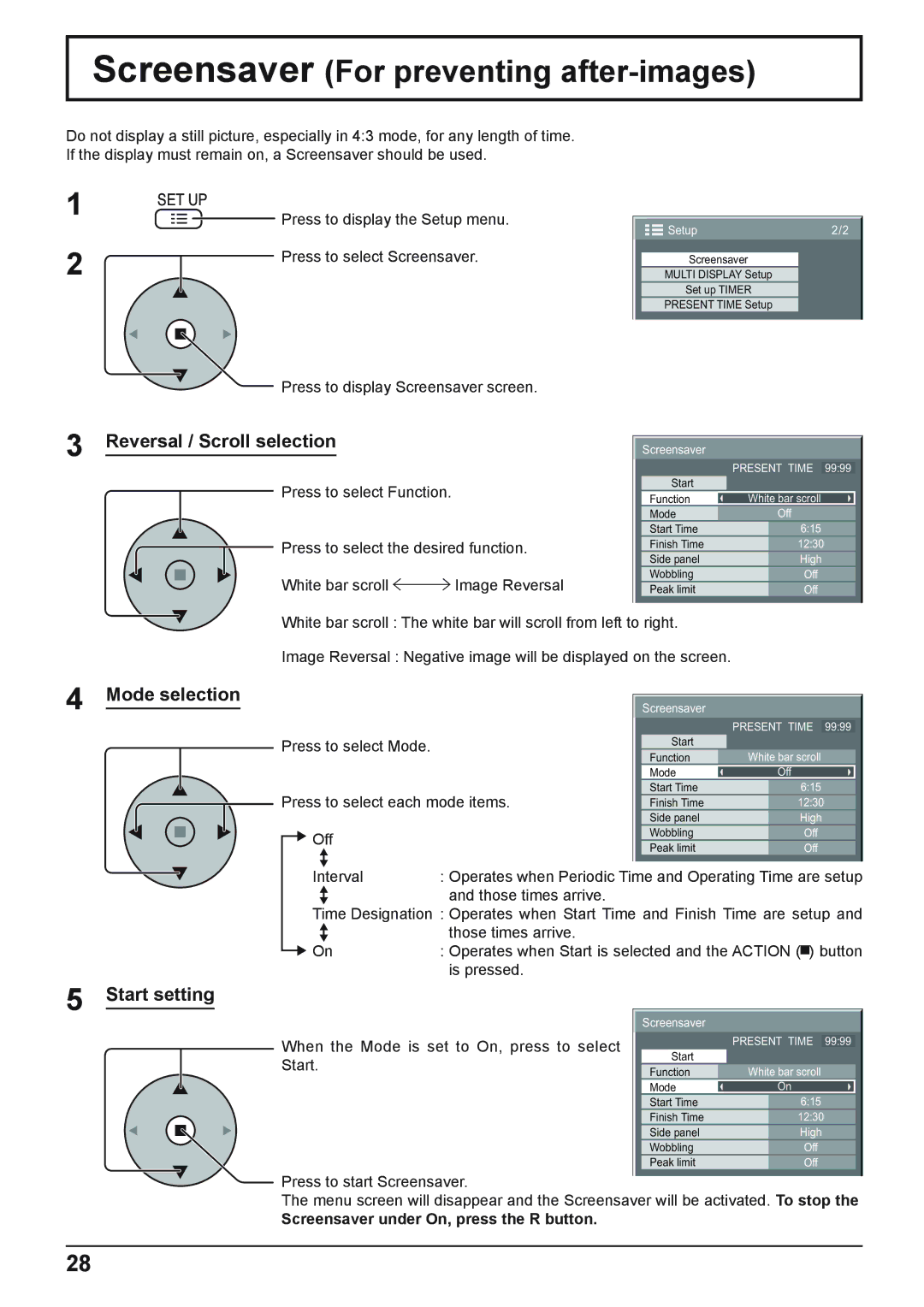 Panasonic TH-42PWD8WK Screensaver For preventing after-images, Reversal / Scroll selection, Mode selection, Start setting 