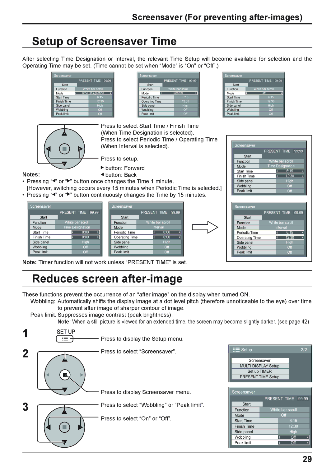 Panasonic TH-42PWD8WS Setup of Screensaver Time, Reduces screen after-image, Screensaver For preventing after-images 