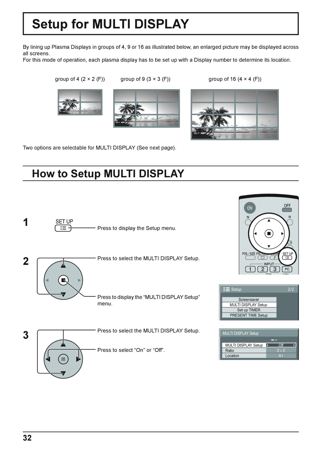 Panasonic TH-37PWD8WK, TH-37PWD8WS, TH-50PHD8WS, TH-50PHD8WK, TH-42PWD8WK Setup for Multi Display, How to Setup Multi Display 