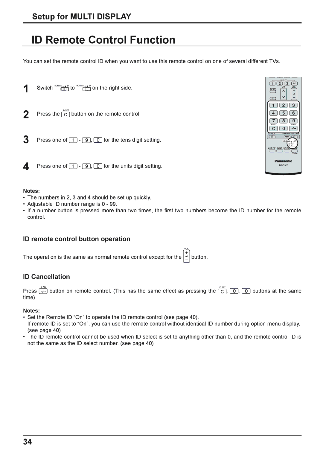 Panasonic TH-50PHD8WS, TH-37PWD8WK ID Remote Control Function, ID remote control button operation, ID Cancellation 