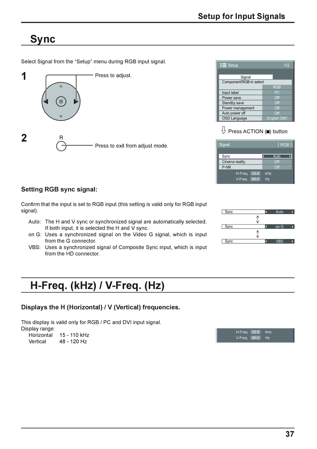 Panasonic TH-42PWD8WS, TH-37PWD8WK, TH-37PWD8WS, TH-50PHD8WS Sync, Freq. kHz / V-Freq. Hz, Setting RGB sync signal 