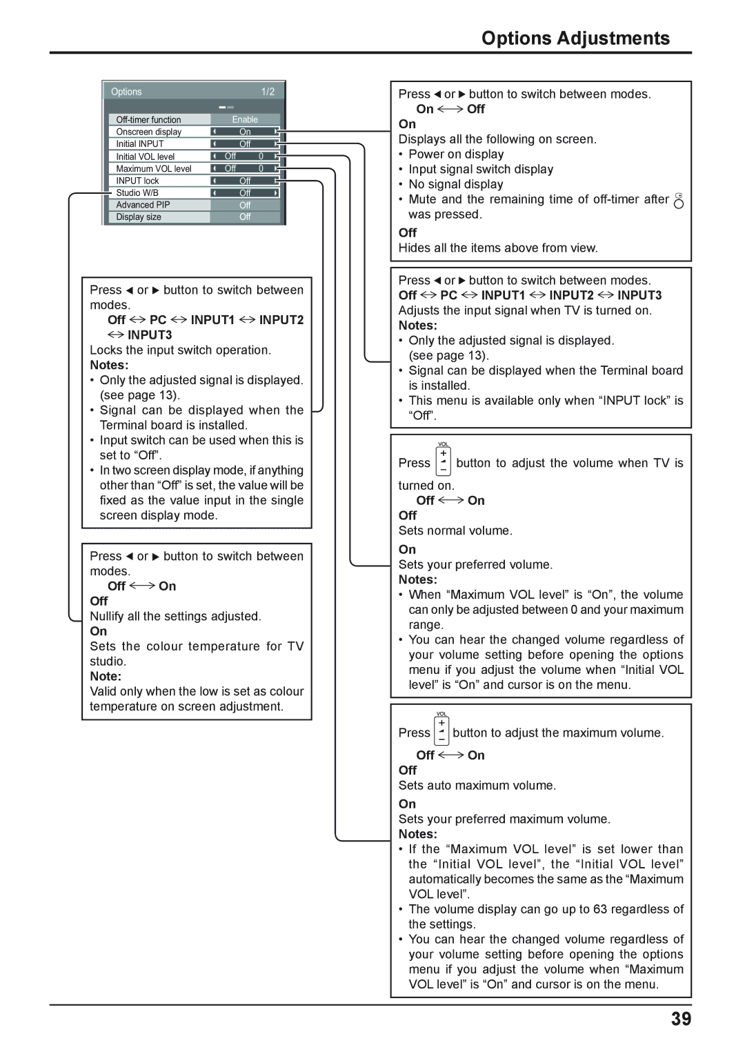 Panasonic TH-42PHD8WS, TH-37PWD8WK Options Adjustments, Press Or button to switch between Modes Off, Off On, On Off 