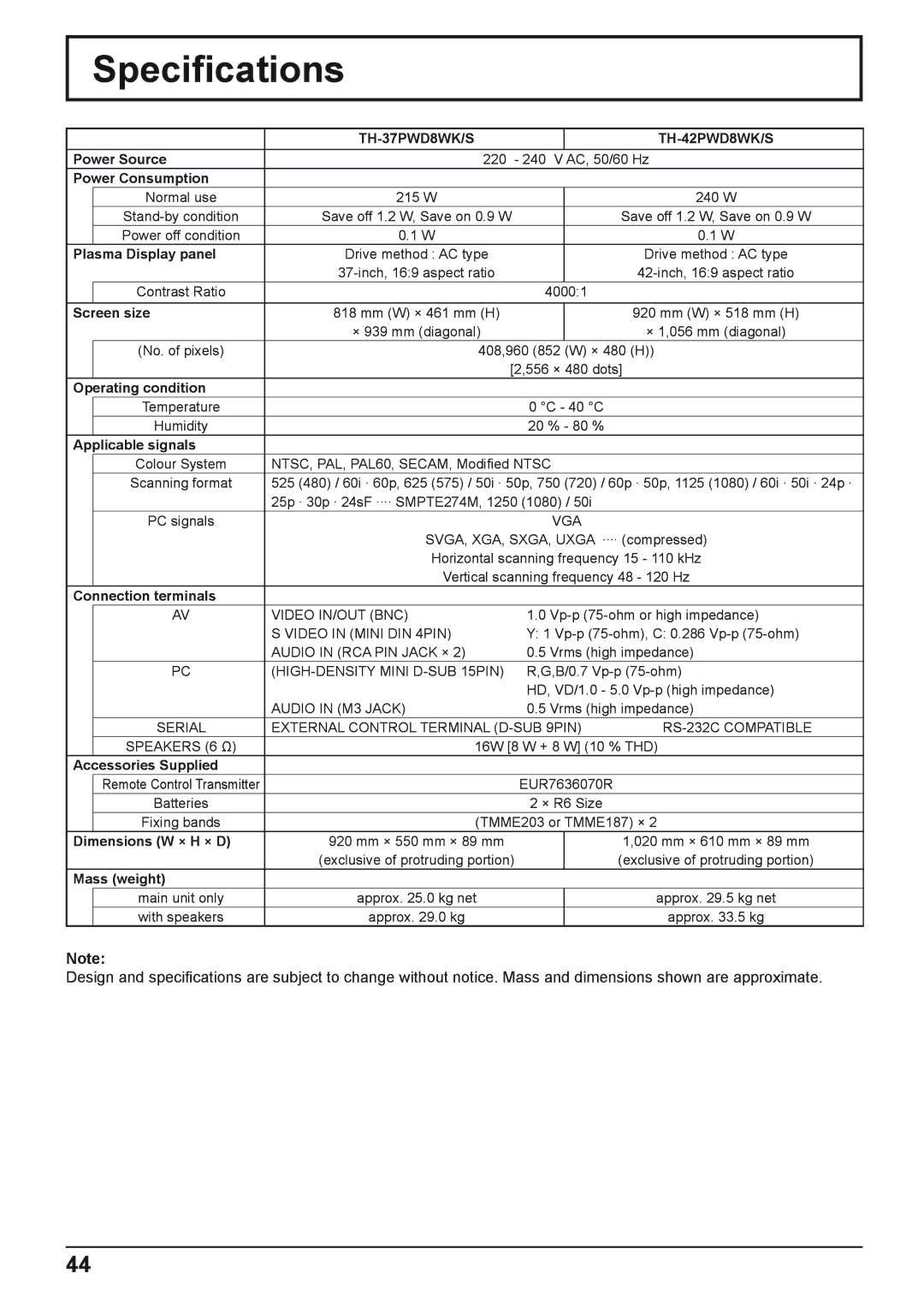 Panasonic TH-37PWD8WS, TH-50PHD8WS, TH-50PHD8WK, TH-42PWD8WS, TH-42PHD8WK Speciﬁcations, TH-37PWD8WK/S TH-42PWD8WK/S 