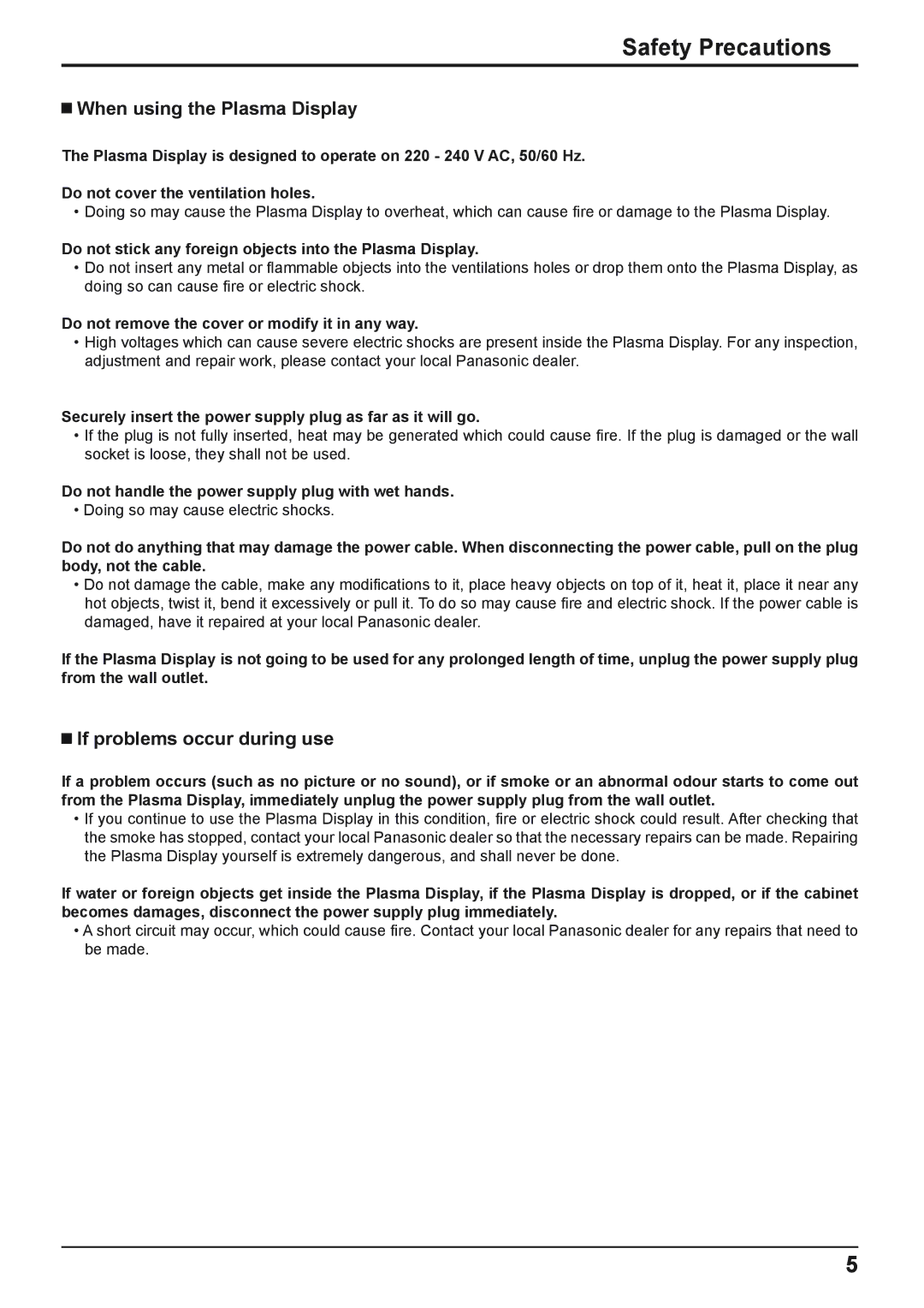 Panasonic TH-42PWD8WS, TH-37PWD8WK Safety Precautions, When using the Plasma Display, If problems occur during use 