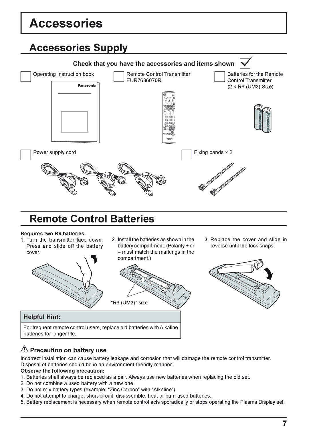 Panasonic TH-42PHD8WS, TH-37PWD8WK, TH-37PWD8WS, TH-50PHD8WS, TH-50PHD8WK Accessories Supply, Remote Control Batteries 