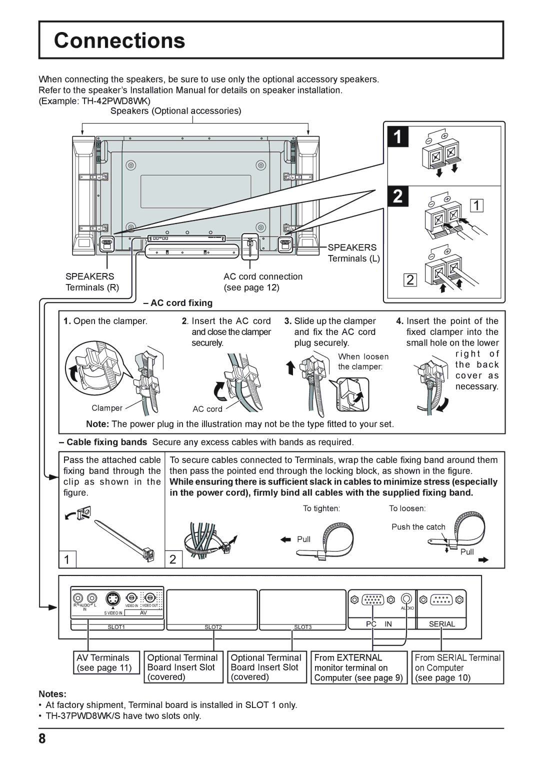 Panasonic TH-37PWD8WK, TH-37PWD8WS, TH-50PHD8WS, TH-50PHD8WK, TH-42PWD8WK, TH-42PWD8WS, TH-42PHD8WK Connections, AC cord ﬁxing 