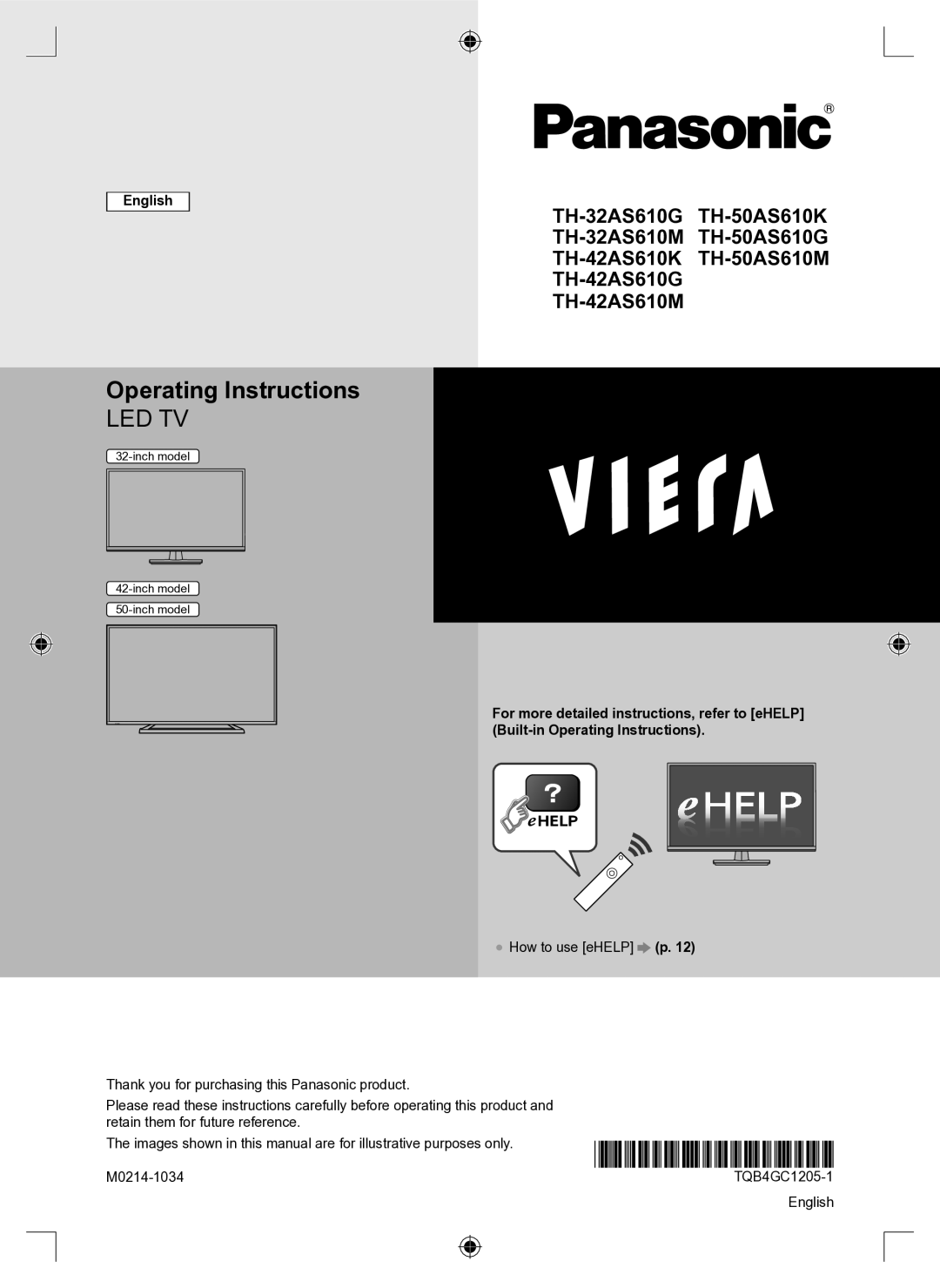 Panasonic TH-42AS610K, TH-42AS610M, TH-32AS610M, TH-32AS610G, TH-42AS610G, TH-50AS610K manual Operating Instructions, English 