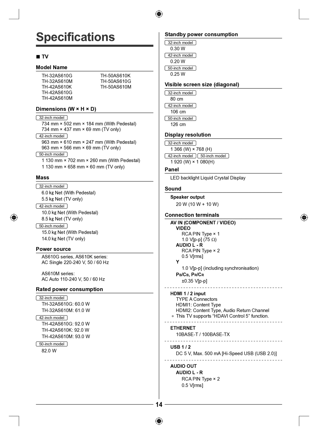 Panasonic TH-50AS610G, TH-42AS610M, TH-42AS610K, TH-32AS610M, TH-32AS610G, TH-42AS610G, TH-50AS610K, TH-50AS610M Specifications 