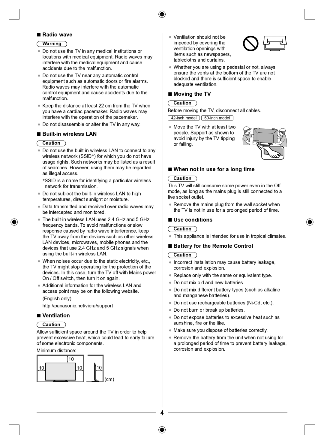 Panasonic TH-42AS610G manual Radio wave, Built-in wireless LAN, Ventilation, Moving the TV, When not in use for a long time 