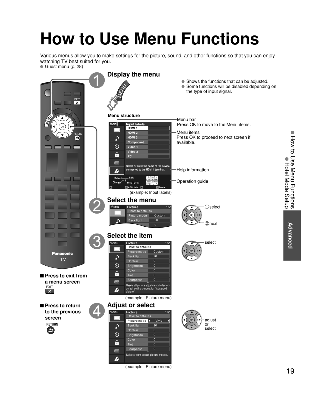 Panasonic TH-37LRU20 How to Use Menu Functions, Display the menu, Adjust or select, Press to return to the previous screen 