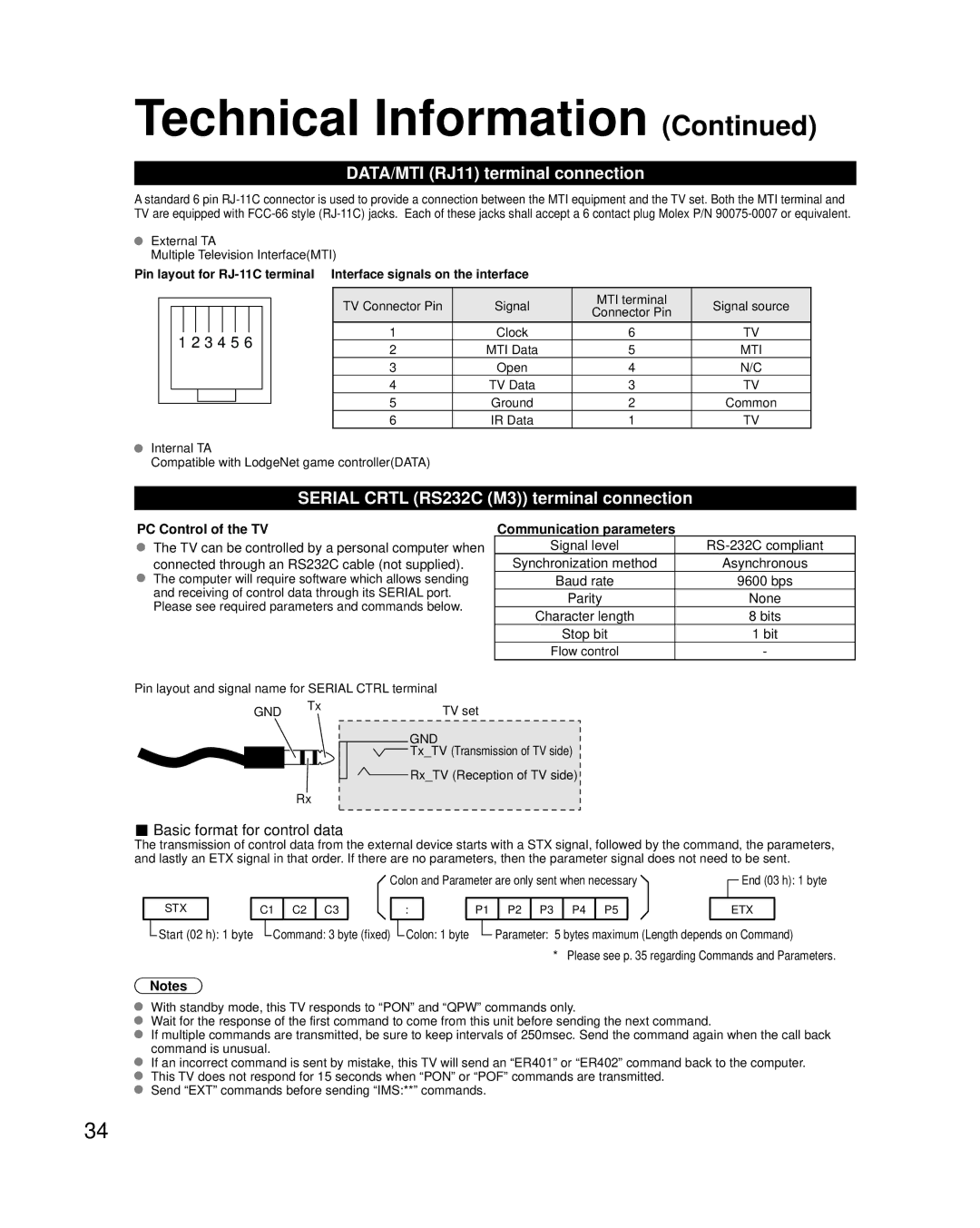 Panasonic TH-37LRU20 DATA/MTI RJ11 terminal connection, Serial Crtl RS232C M3 terminal connection, PC Control of the TV 