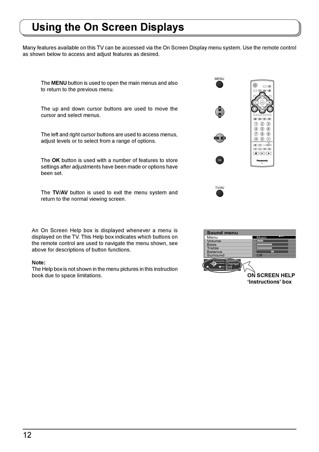 Panasonic TH-42PA50A manual Using the On Screen Displays, ‘Instructions’ box 