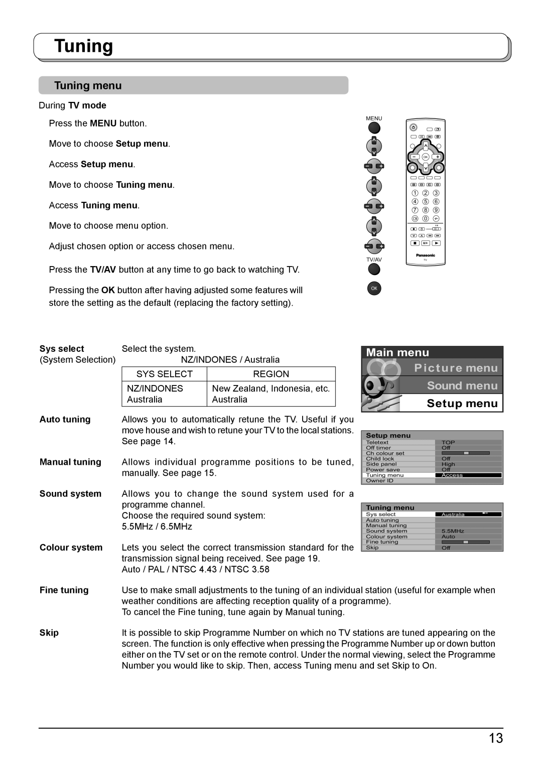 Panasonic TH-42PA50A manual Tuning menu, Setup menu 