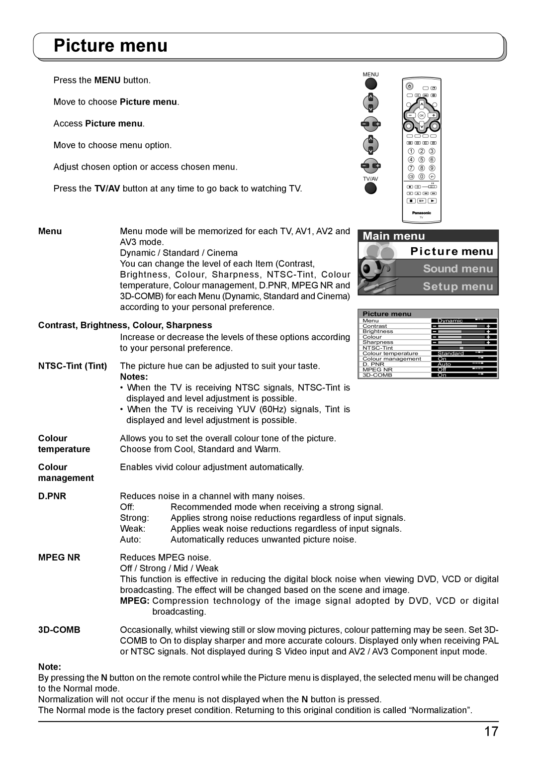 Panasonic TH-42PA50A manual Picture menu 