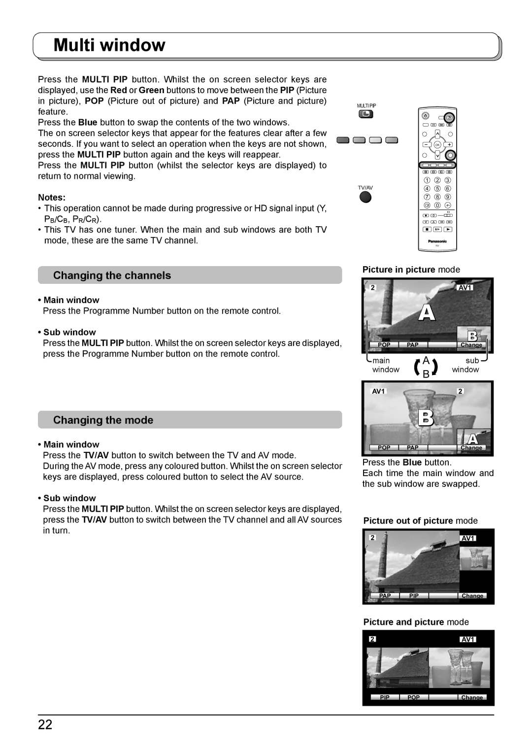 Panasonic TH-42PA50A manual Multi window, Changing the channels, Changing the mode 