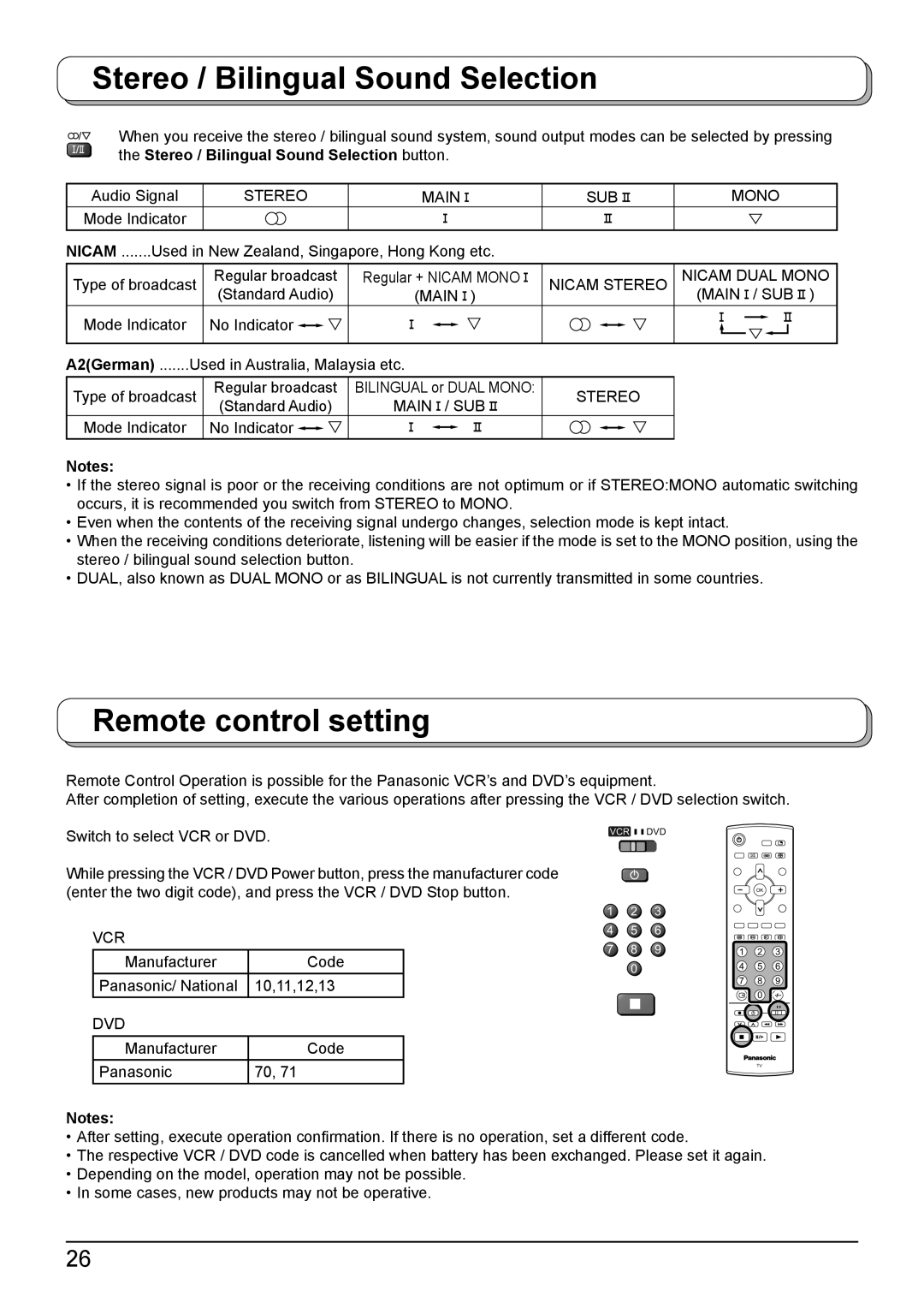 Panasonic TH-42PA50A manual Stereo / Bilingual Sound Selection, Remote control setting 