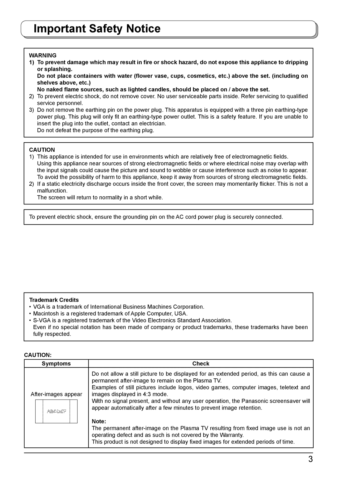 Panasonic TH-42PA50A manual Important Safety Notice, Trademark Credits, Symptoms Check 