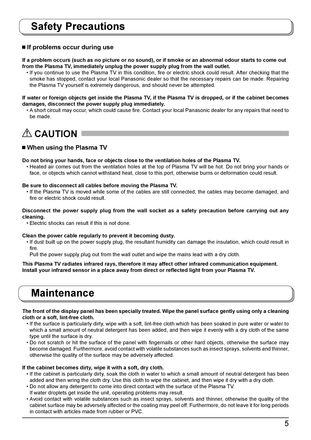 Panasonic TH-42PA50A manual Maintenance, If problems occur during use 