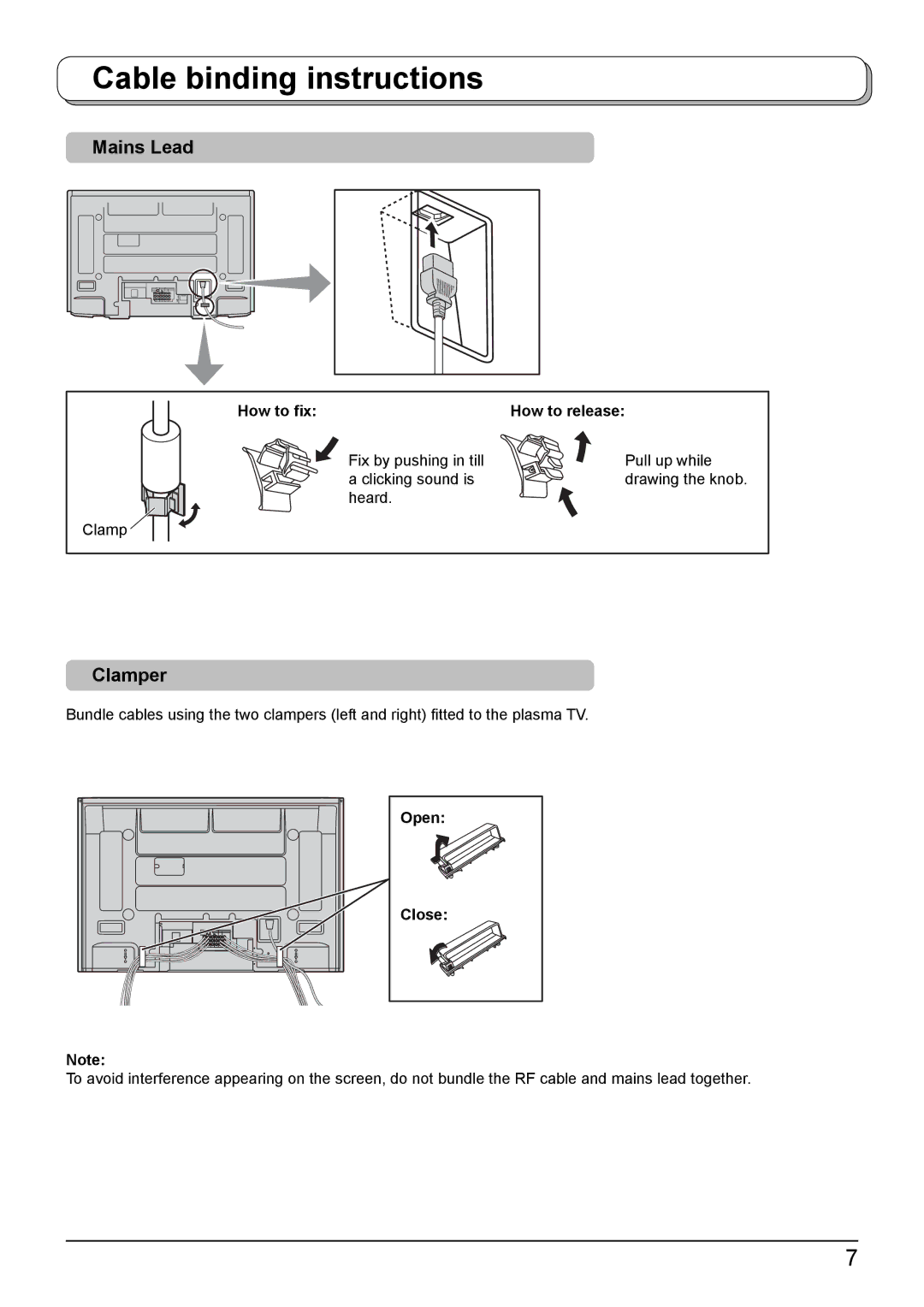 Panasonic TH-42PA50A manual Cable binding instructions, Mains Lead, Clamper, How to ﬁx How to release, Open Close 