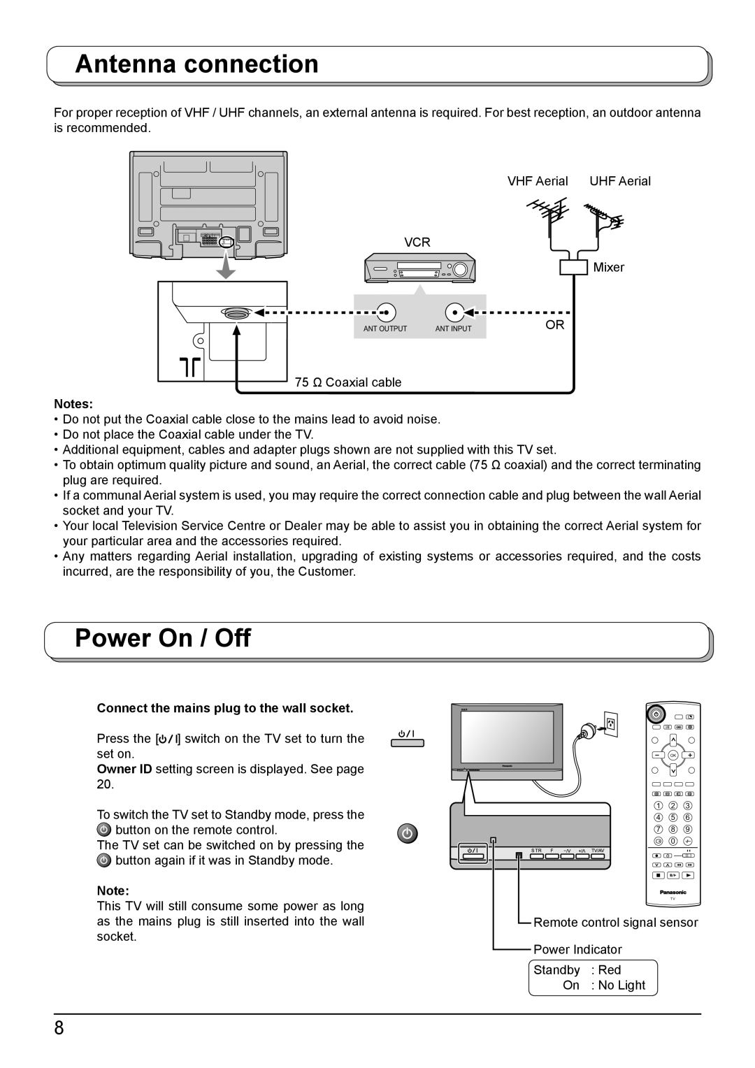 Panasonic TH-42PA50A manual Antenna connection, Power On / Off, Connect the mains plug to the wall socket 