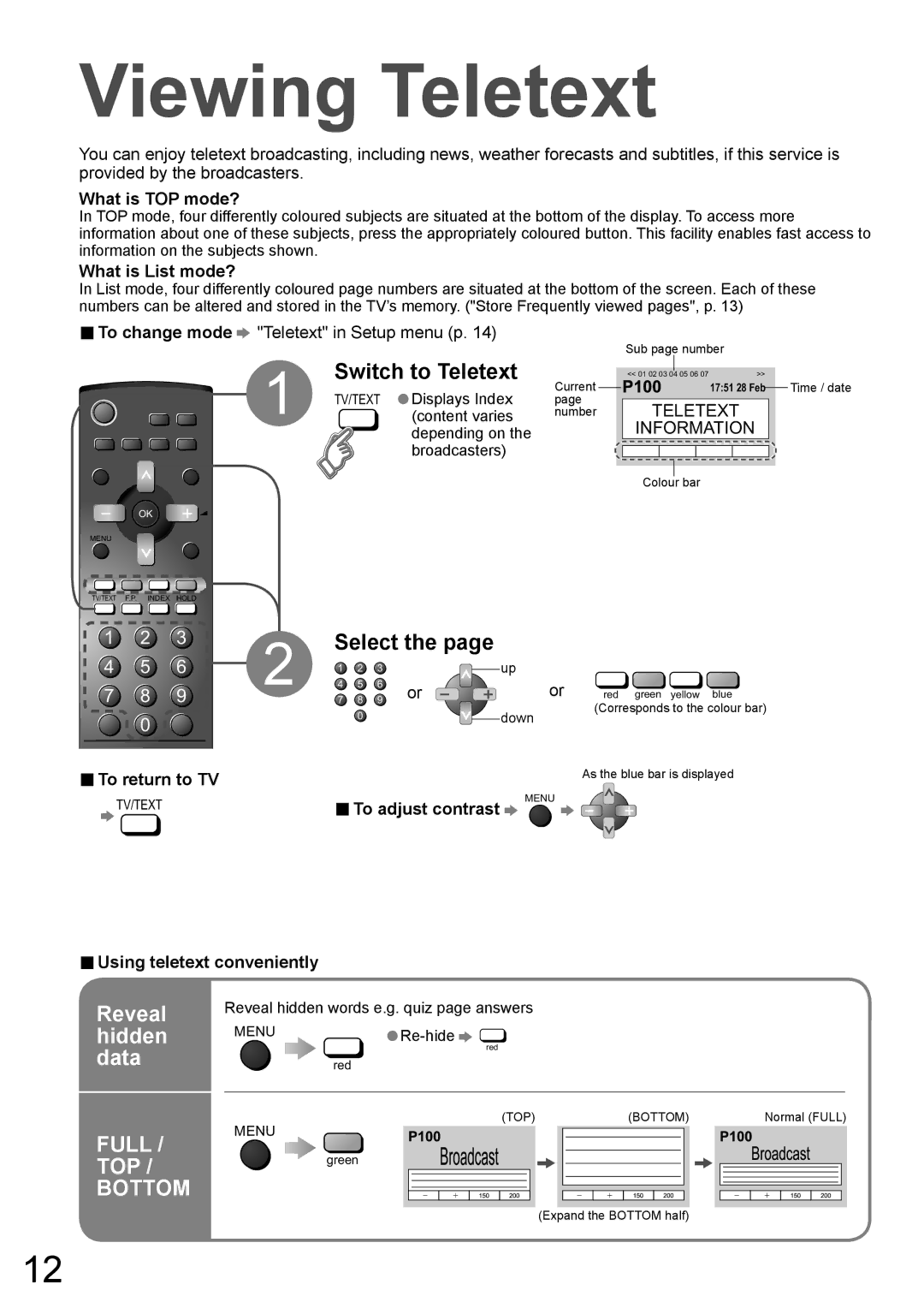 Panasonic TH-42PA60AC manual Viewing Teletext, Reveal, Hidden, Data 