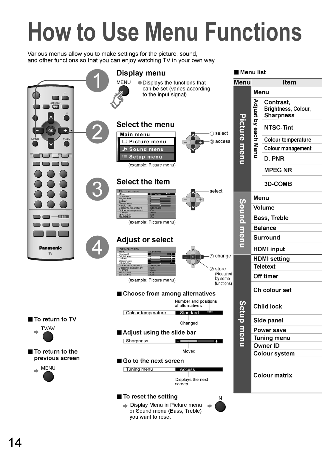 Panasonic TH-42PA60AC manual Display menu, Select the menu, Select the item, Adjust or select, Menu 