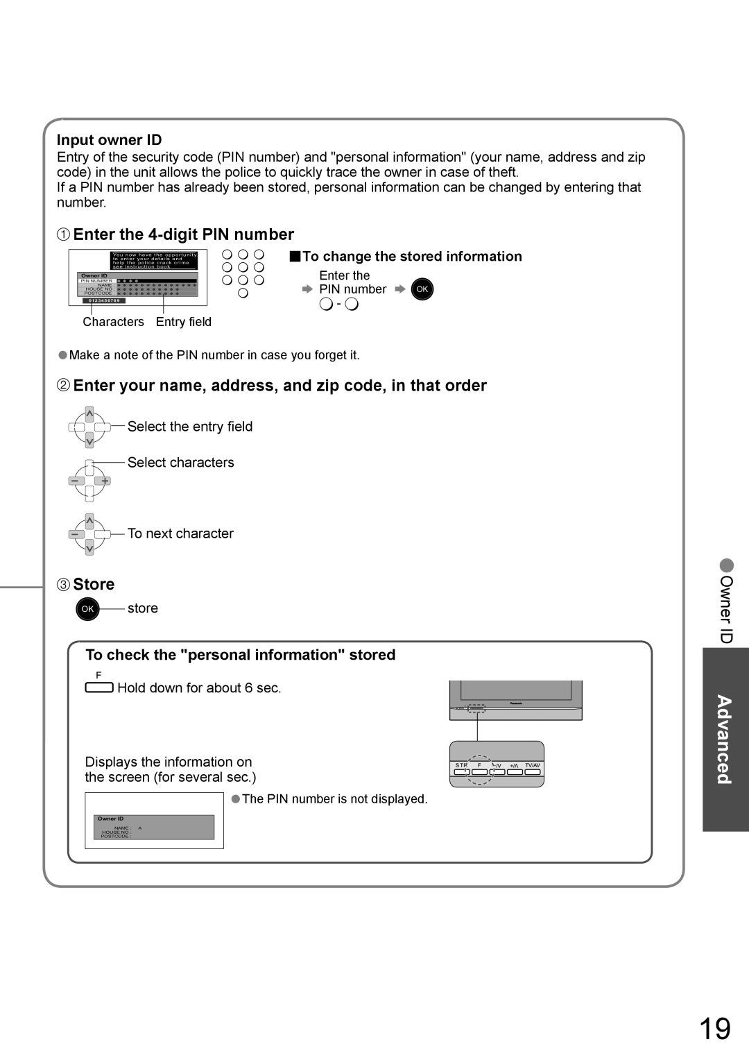 Panasonic TH-42PA60AC manual Input owner ID, To check the personal information stored 