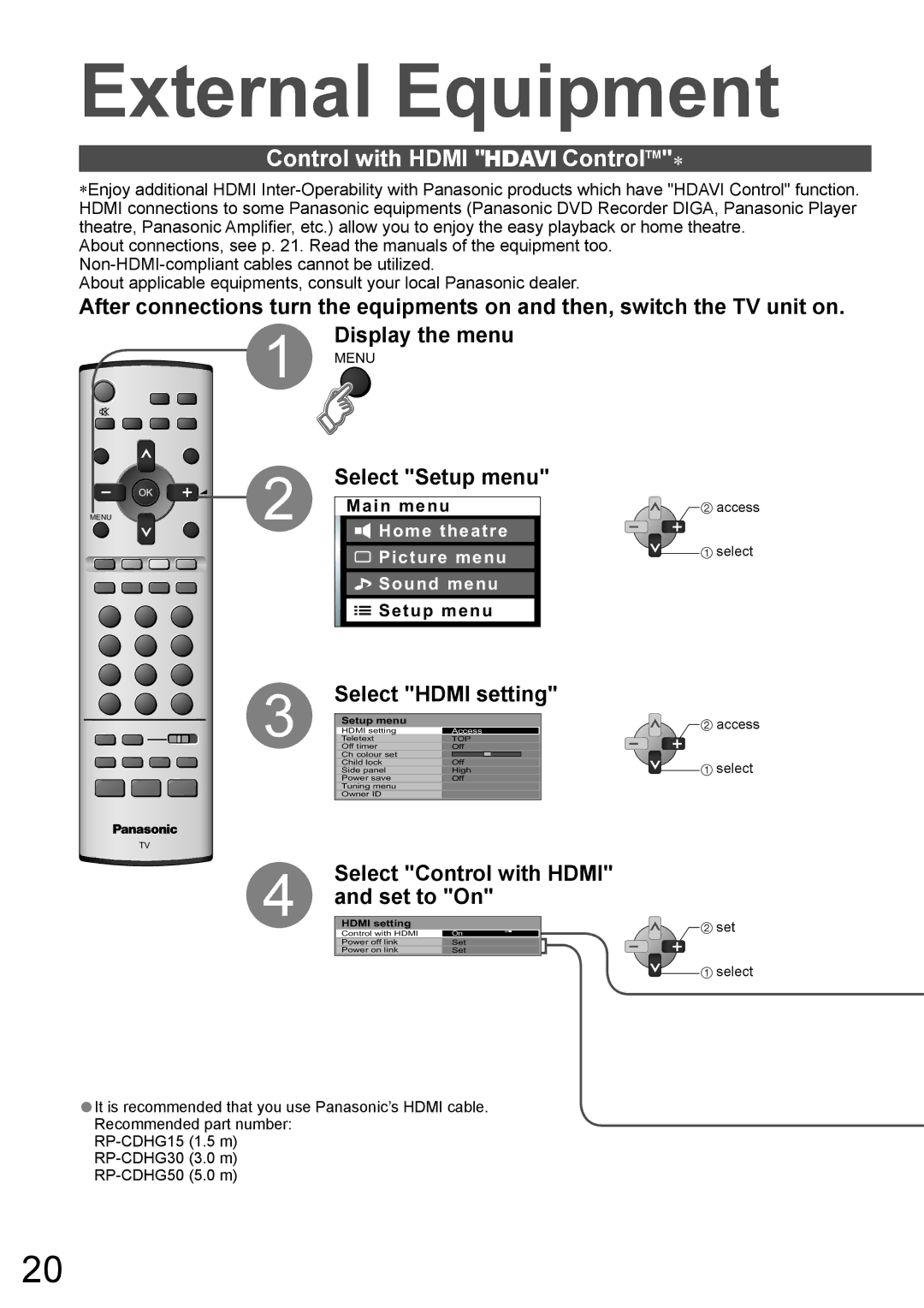 Panasonic TH-42PA60AC manual External Equipment, Control with Hdmi ControlTM∗, Select Hdmi setting, Set to On 