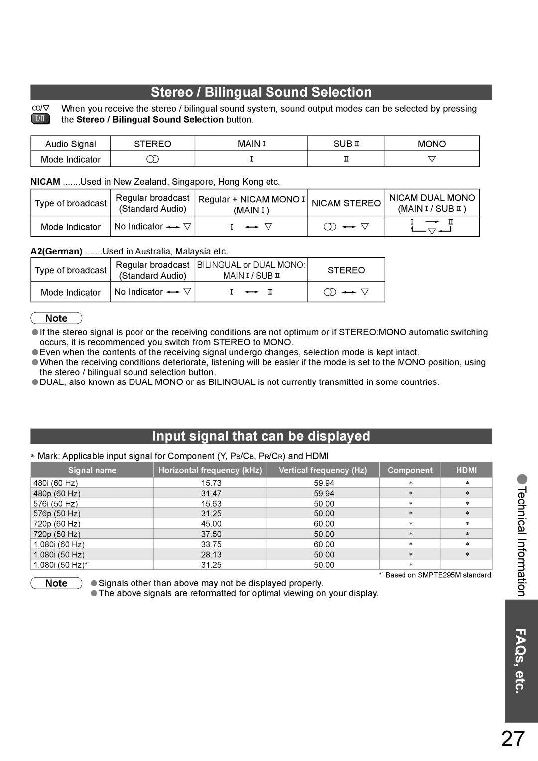 Panasonic TH-42PA60AC manual Stereo / Bilingual Sound Selection, Input signal that can be displayed 