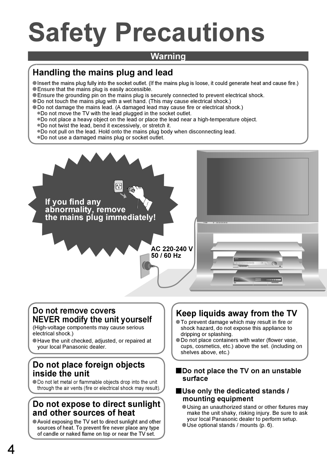 Panasonic TH-42PA60AC manual Safety Precautions, If you ﬁnd any abnormality, remove Mains plug immediately 