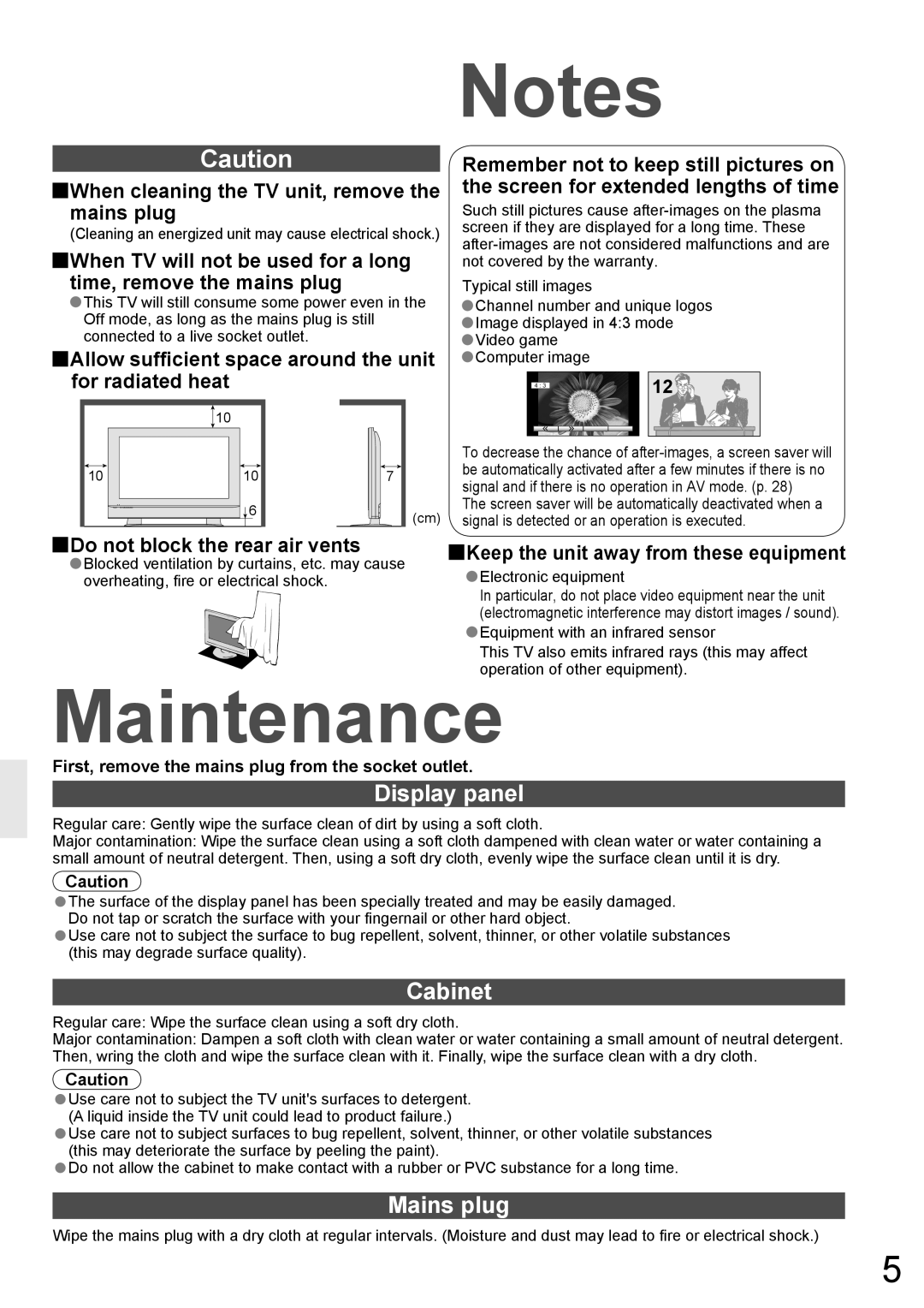 Panasonic TH-42PA60AC Maintenance, Display panel, Cabinet, Mains plug, First, remove the mains plug from the socket outlet 