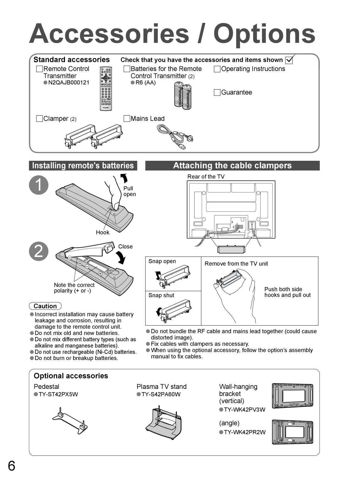 Panasonic TH-42PA60AC manual Accessories / Options, Installing remotes batteries, Attaching the cable clampers 