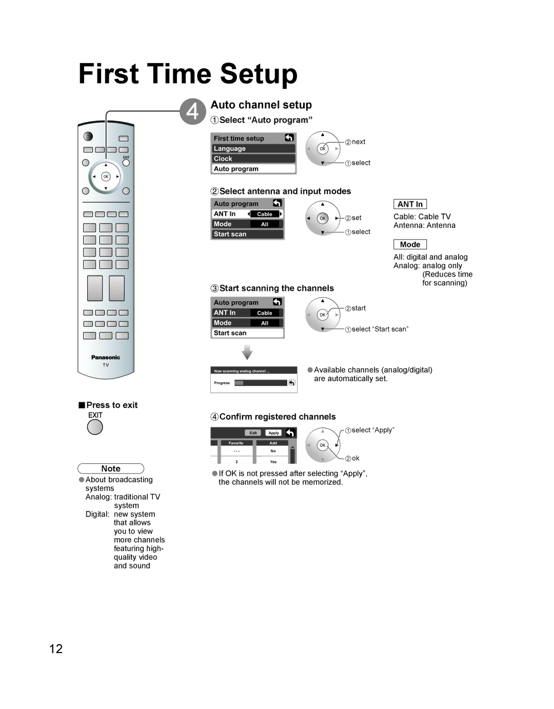 Panasonic TH 42PD60U, TH-42PD60U, TH-42PD60X Select antenna and input modes, Start scanning the channels, Press to exit 