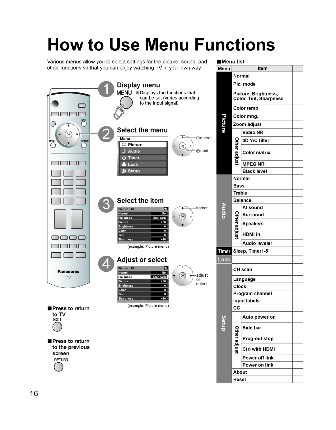 Panasonic TH 42PD60U, TH-42PD60U, TH-42PD60X How to Use Menu Functions, Display menu, Select the item, Adjust or select 