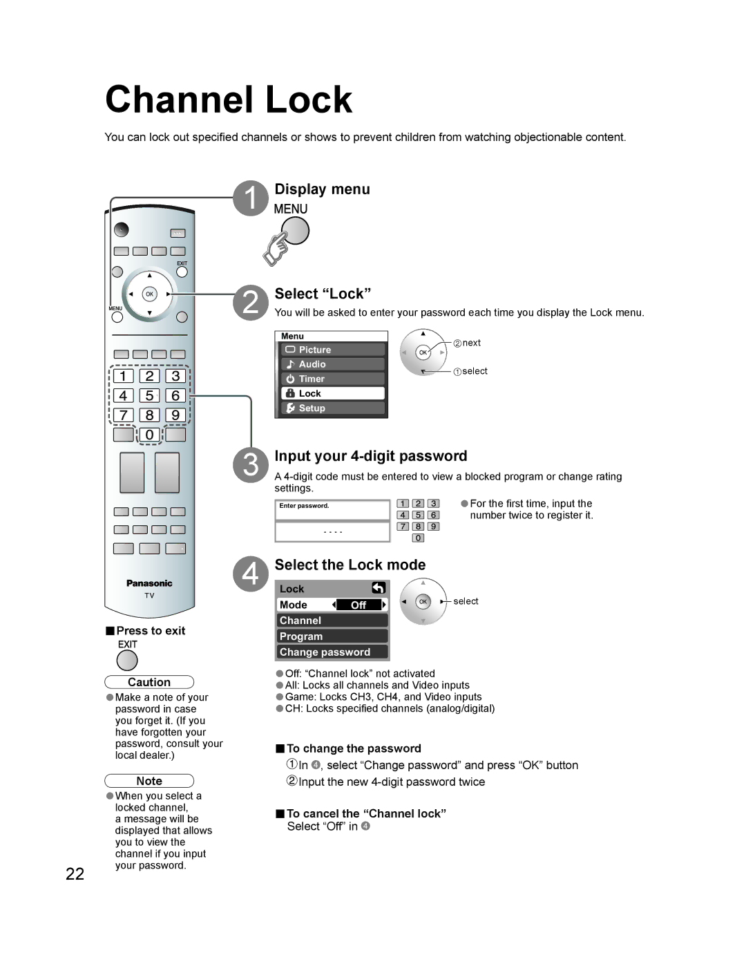 Panasonic TH 42PD60U manual Channel Lock, Display menu Select Lock, Input your 4-digit password, Select the Lock mode 