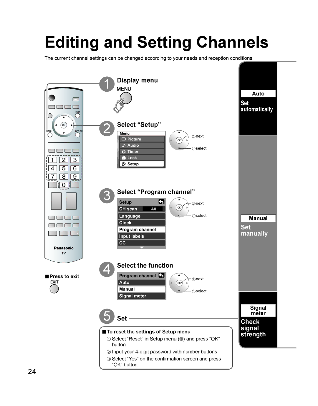 Panasonic TH 42PD60U Editing and Setting Channels, Setup, Select the function, Set manually, Check signal strength 